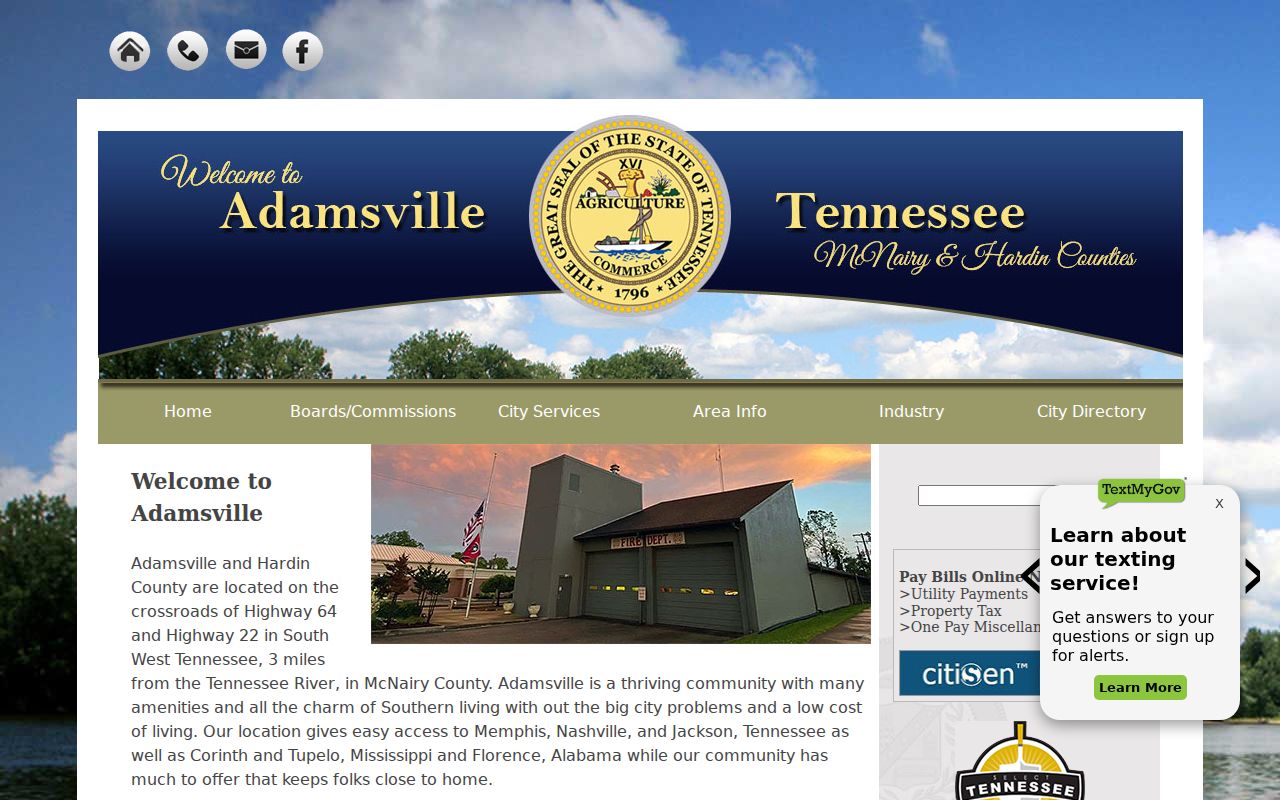 Adamsville City Hall website with municipal links