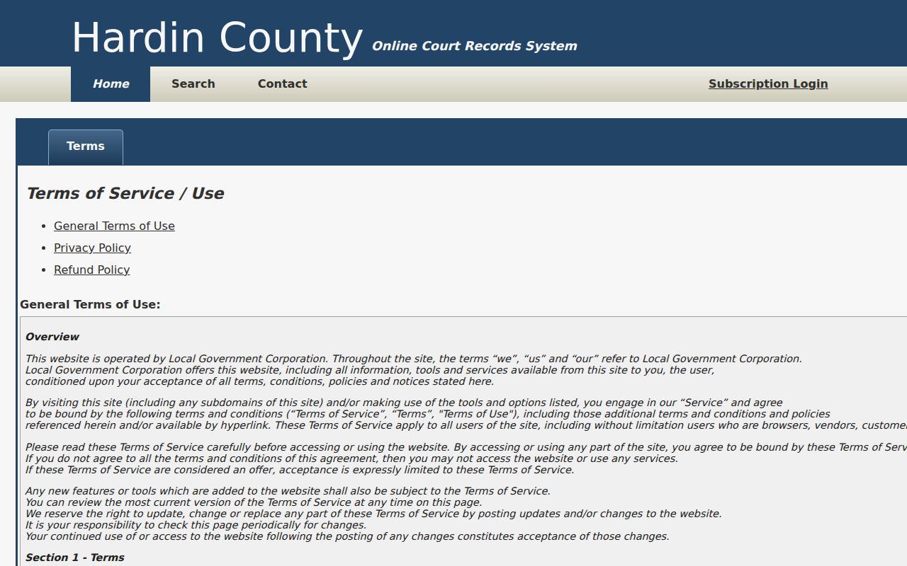 Hardin County court records disclaimer on TnCIS terms page