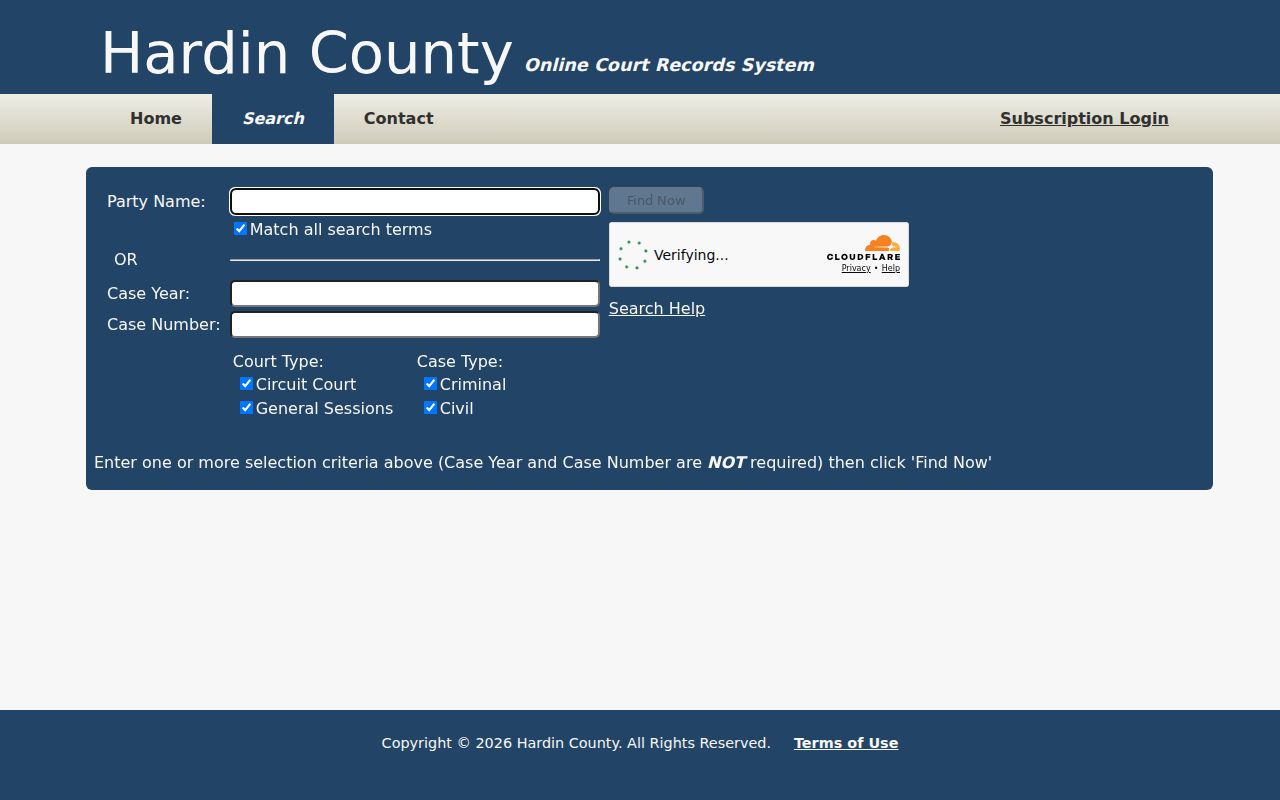 Hardin County court docket TnCIS search controls